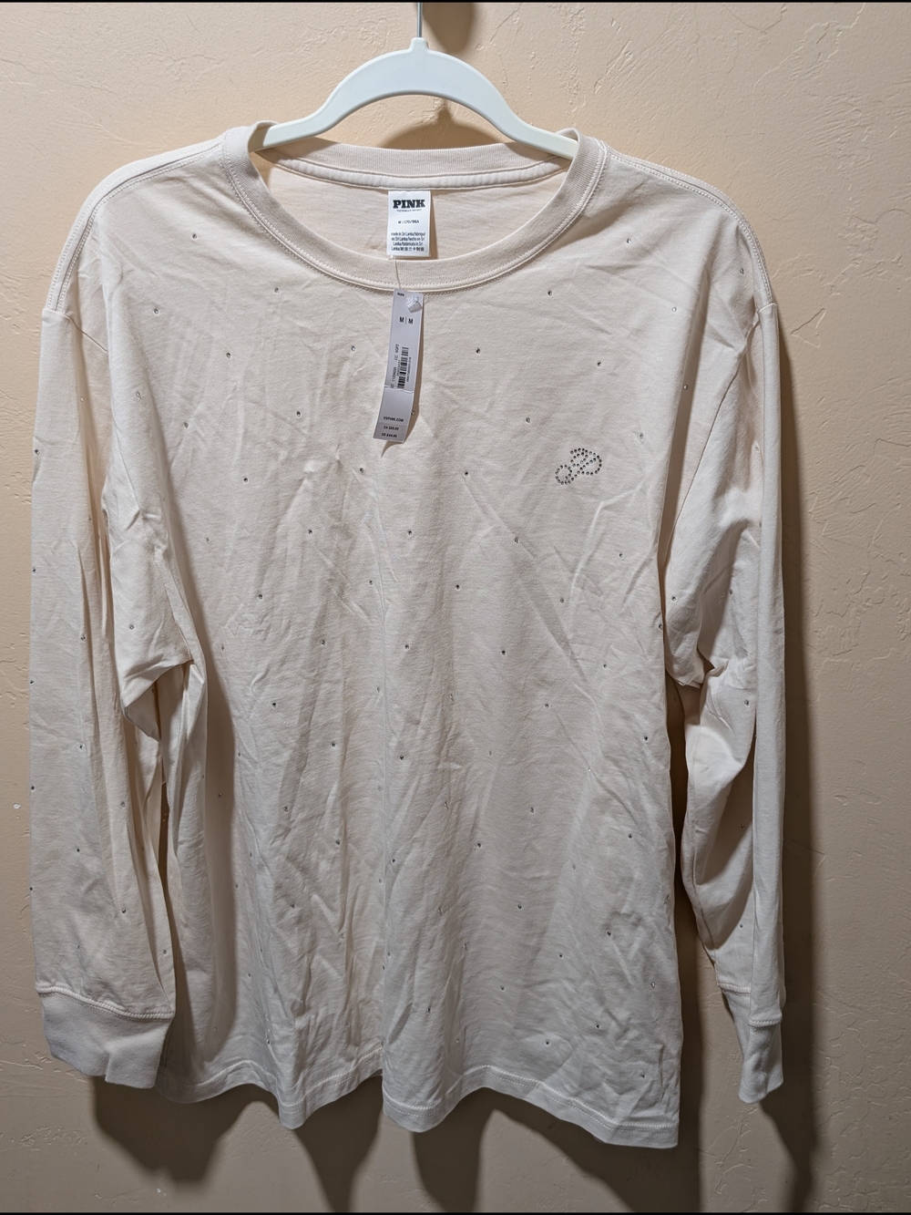 NWT PINK Victoria's Secret Cream Long Sleeve Tee with Rhinestone Accents
